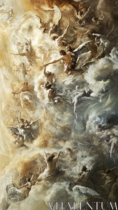 Vertical composition depicts ascending winged figures in clouds