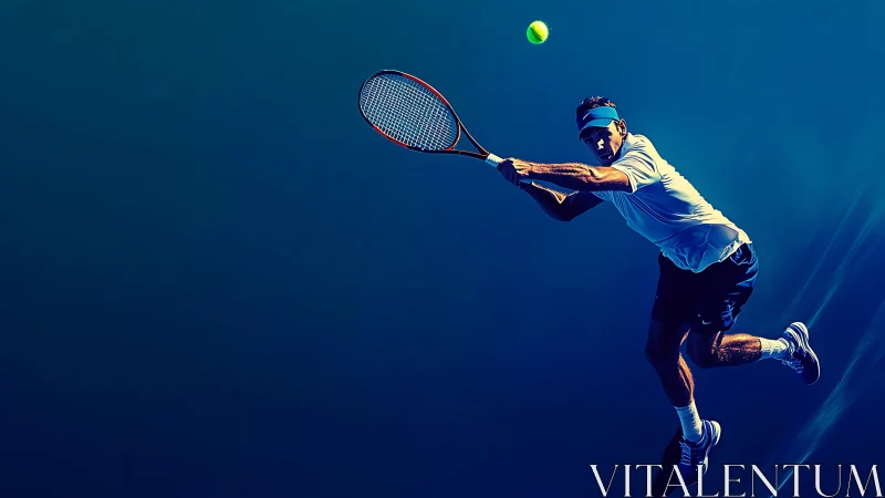 High-contrast midair tennis backhand under deep blue lighting