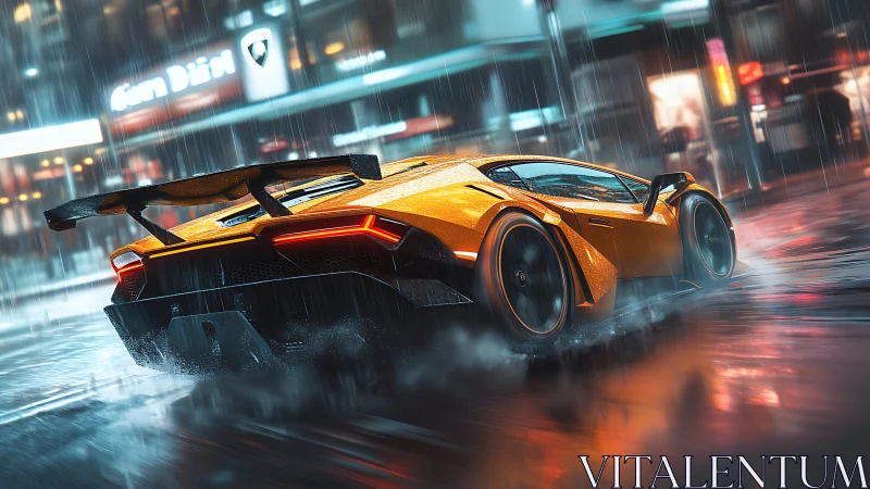 Sleek supercar powers through neon city rain at speed.