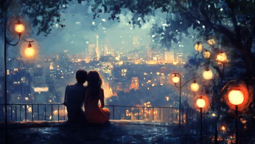 Two figures positioned at overlook viewing urban skyline at dusk