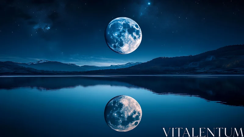 Moon appears enlarged above lake with mirrored reflection