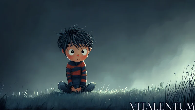 Quiet little dreamer sits under a moody evening sky