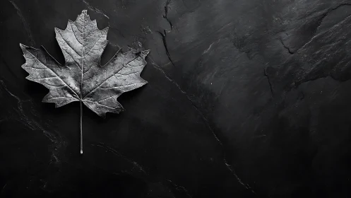 Single maple leaf lies on dark slate surface in sharp focus