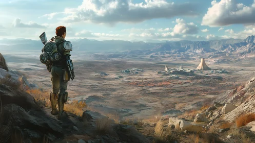 Lone space traveler gazing toward a hopeful desert outpost.