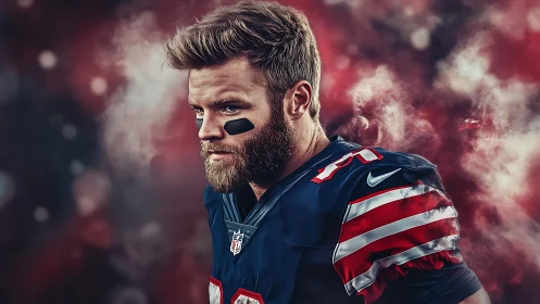 Brooding football player stands amid swirling red smoke.