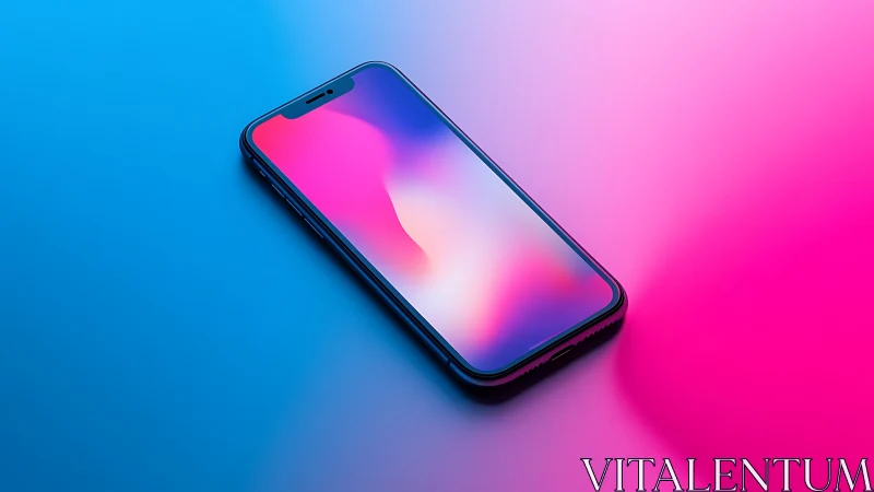 Modern smartphone displays gradient on vibrant blue to pink background