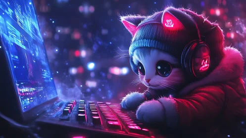 Cat gamer character sits at glowing keyboard and monitor