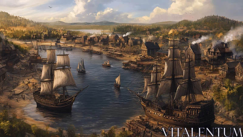 Historic wooden sailing ships dock in a busy colonial harbor