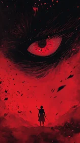 Warrior silhouette beneath colossal demonic red eye.