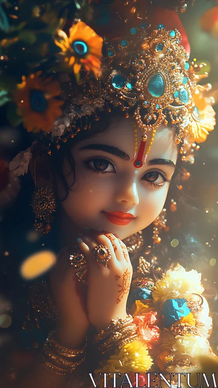 Radiant child in jeweled crown gazes with gentle, sparkling wonder