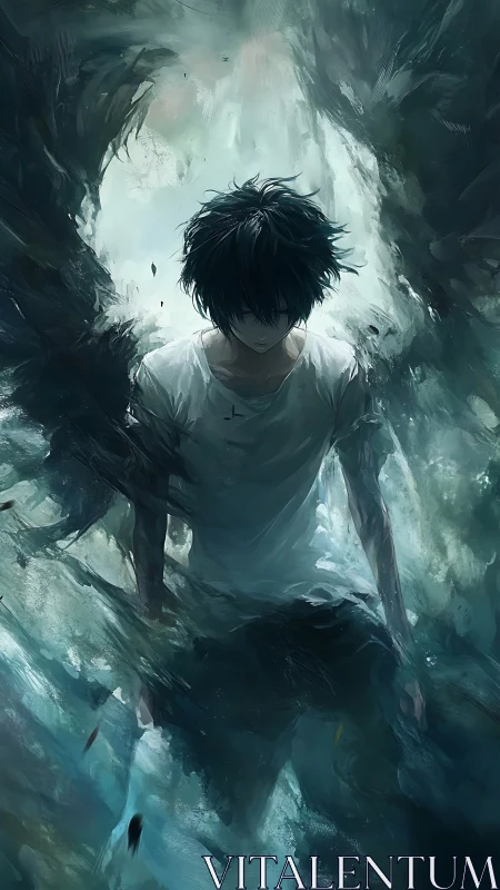 Shadowed youth emerges from swirling ethereal darkness.