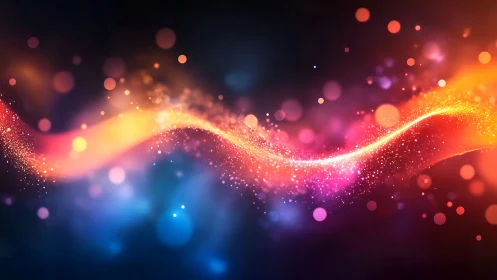 Luminous particle wave arcs across a saturated bokeh field