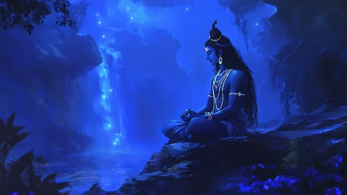 Blue meditative deity beside luminous night waterfall.
