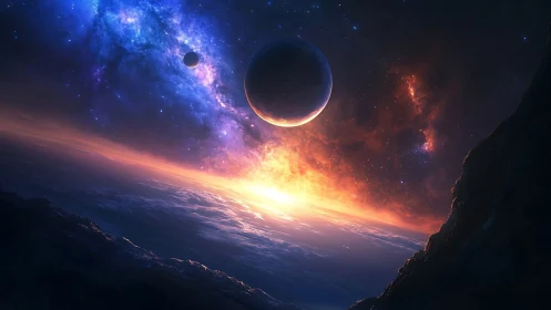 Cosmic sunrise over alien ocean with glowing planets.