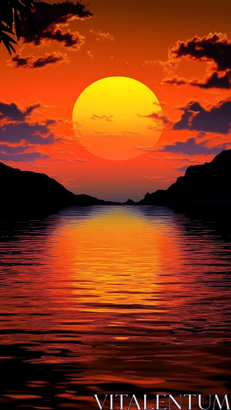 Large solar disc over reflective water with high-saturation sunset gradients