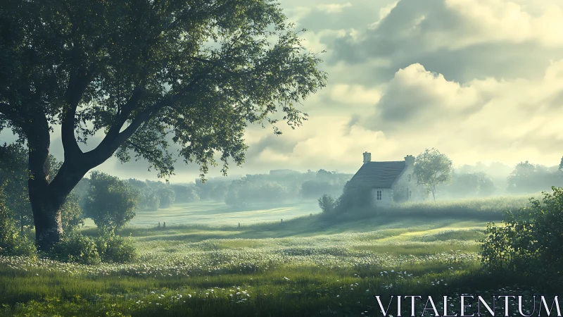 Misty rural meadow with cottage under soft morning light.