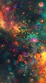 Multicolored abstract cosmic field with clustered light forms.