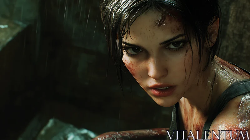 Digital close-up renders a wounded woman under rainfall