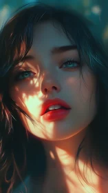 Digital portrait of young woman in dappled sunlight.