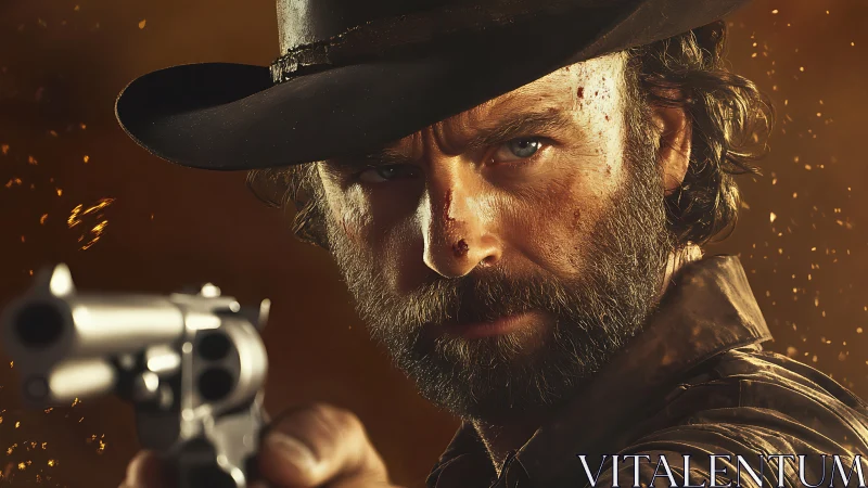 Gritty bearded cowboy aiming revolver in cinematic closeup