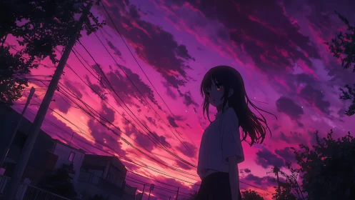 Girl under a dreamy magenta sunset sky in quiet streets.
