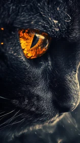Close-up profile of dark cat with vivid amber eye detail.