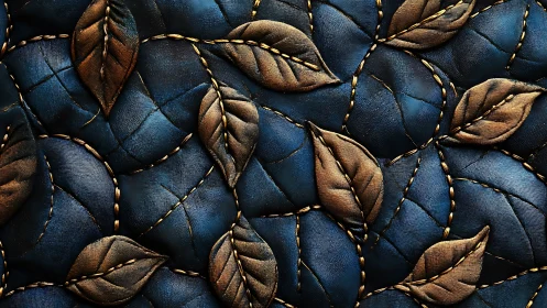 Cozy quilted leaves in deep blue and burnished gold patterns.
