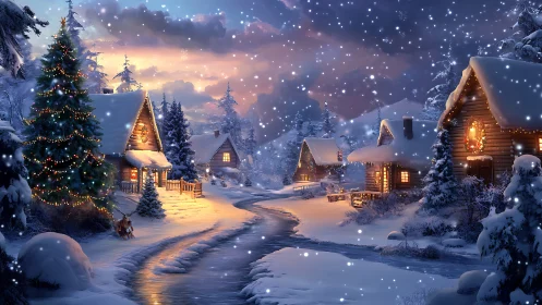 Snowlit Christmas cabins with glowing lights and stream.