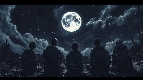 Five silhouetted figures observe a full moon in nocturnal tableau