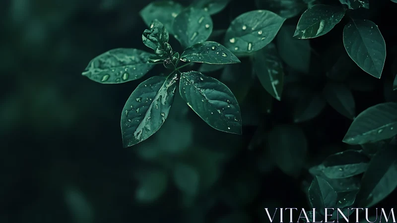 Rain-kissed green leaves glow softly against dark foliage
