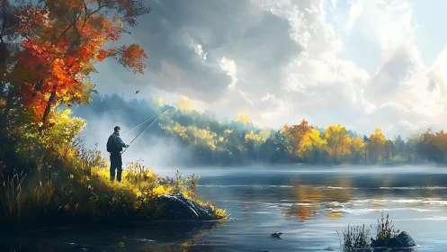 Fisherman standing by misty autumn lake under bright clouds.