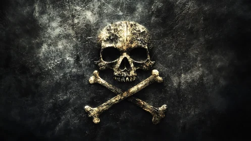 Weathered pirate skull emblem in storm-darkened shadows.