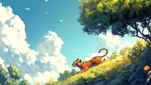 Sunlit hilltop tiger drifting through cloud-bright daydreams.