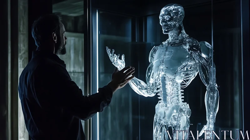 Engineer examines transparent humanoid robot in illuminated glass chamber