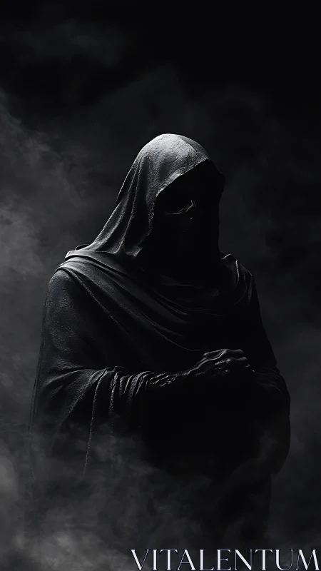 Shrouded hooded figure stands in swirling smoke and darkness