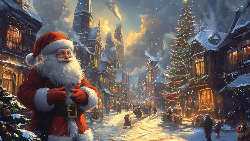 Joyful Santa strolls through a glowing snowy Christmas town