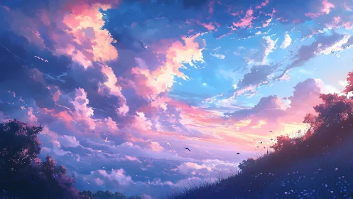 Vast sunset sky ignites hillside meadow with neon clouds.