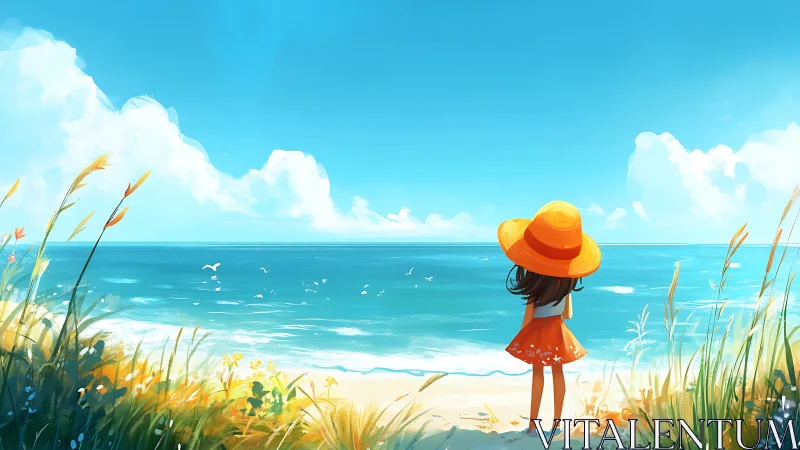 Girl in orange dress gazes across bright summer shoreline.