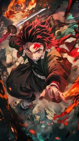 Blazing-eyed demon slayer lunges through shattering inferno.