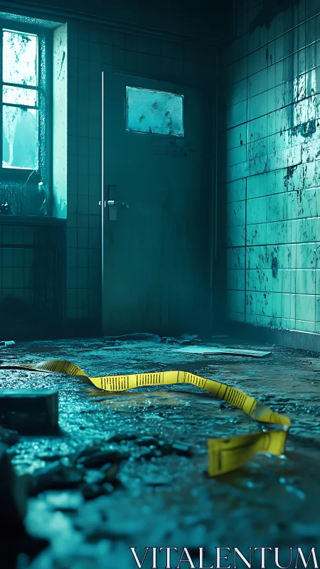 Abandoned tiled corridor holds eerie crime scene remnant.