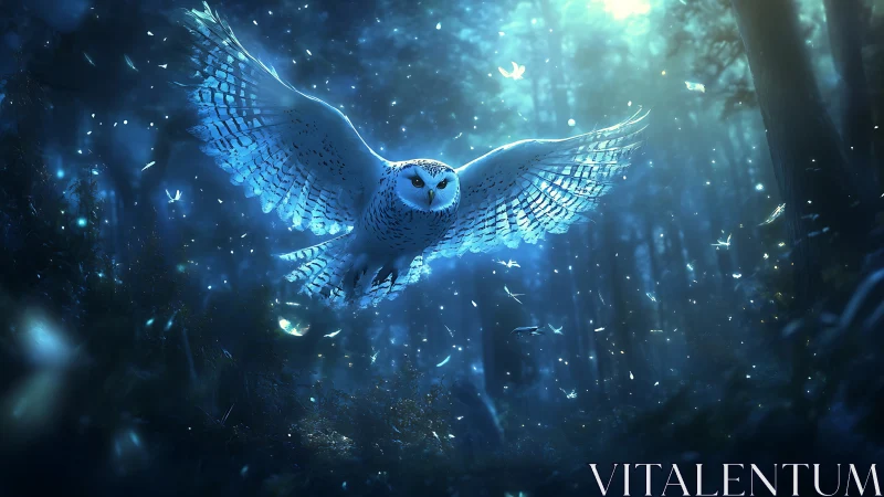Majestic Snowy Owl in Enchanted Blue Forest at Night, Fantasy Art.