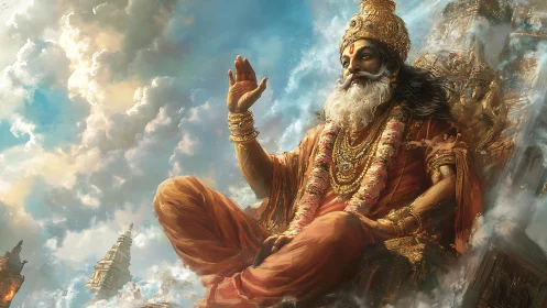 Divine sage enthroned above clouds with ornate golden regalia