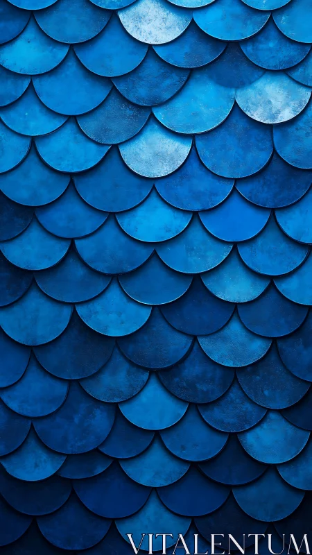 Overlapping blue semi-circular scales form textured metallic tiling