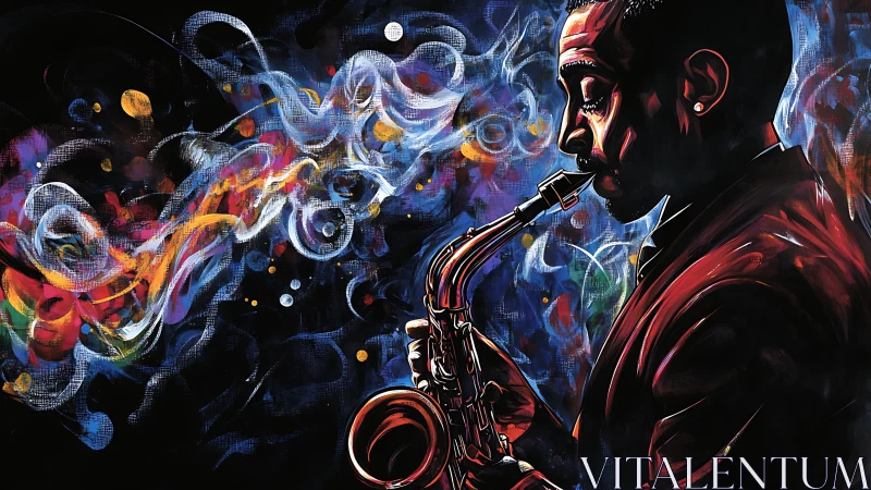 Jazz saxophonist in high-contrast digital brushwork visualizing sound