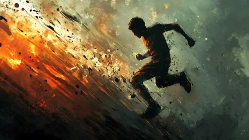 Dynamic runner silhouette in abstract fiery kinetic motion field.