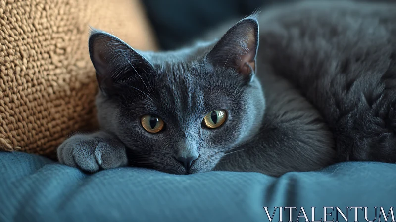 Black Feline Specimen Positioned on Household Textiles.