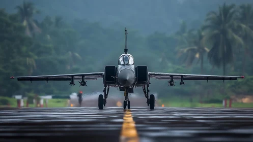 Military jet aircraft on wet runway in tropical airfield.
