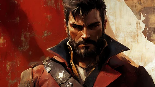 Brooding adventurer in a bold red coat and weathered armor.