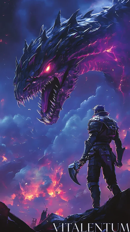Armored warrior confronts neon-lit crystalline dragon in burning sky