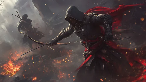 Hooded archers moving through burning battlefield ruins.